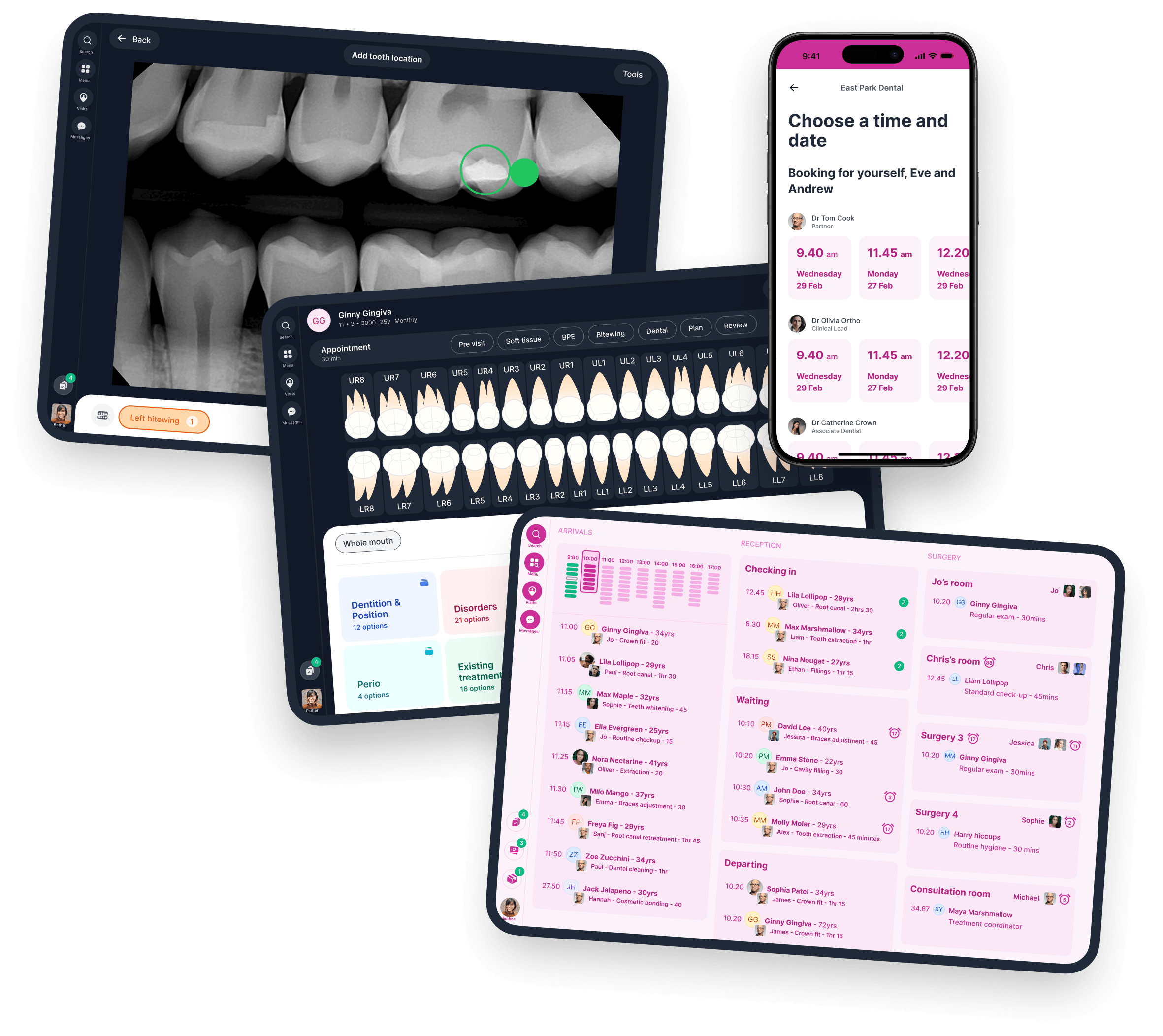 Joyful dental software — X-ray viewer, charting, patient booking and day list screens